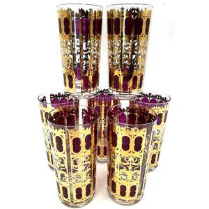 Vintage Culver Azure 22k Gold Cranberry Scroll Highball Collins Glasses MCM